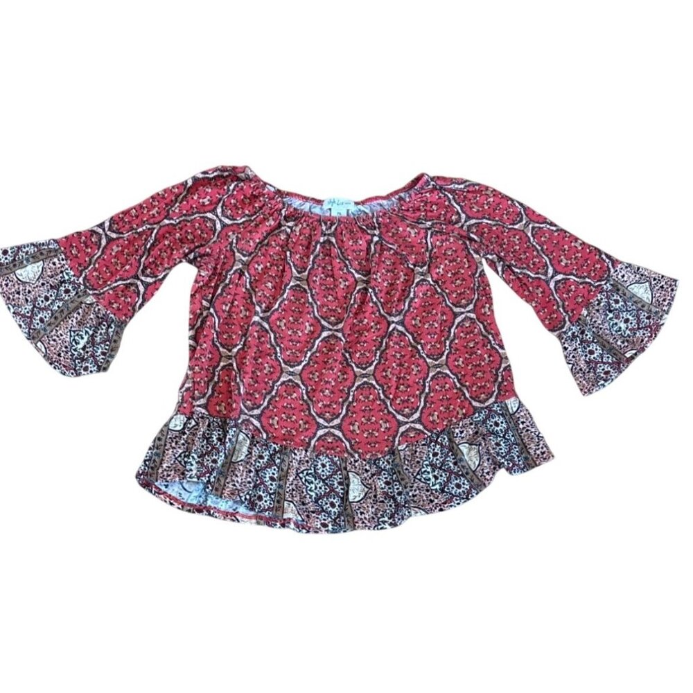 Style & Co Blouse Small Petite Bohemian Floral Bell Sleeve Red Gray Ruffled Boho